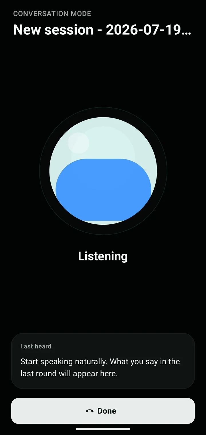 OpenCode Mobile conversation mode listening for a spoken instruction
